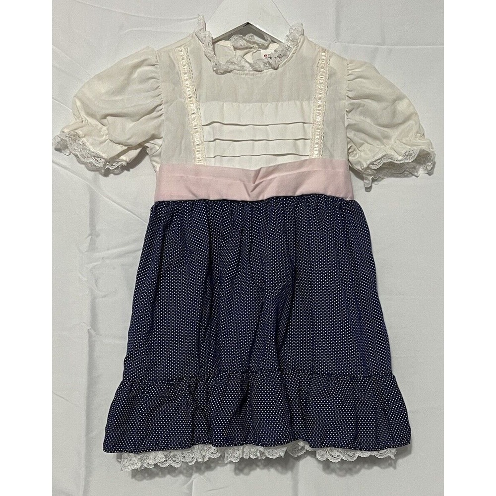 Vtg Winnie The Pooh Dress Girls Size 6 Blue White Polka Dots Pink Bow